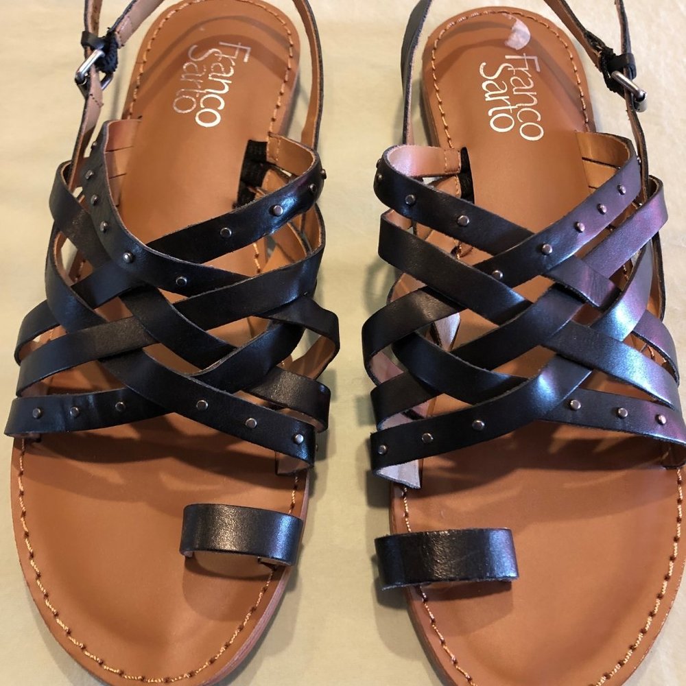 Franco Sarto Toe Ring Black Strappy Leather Flat Sandals